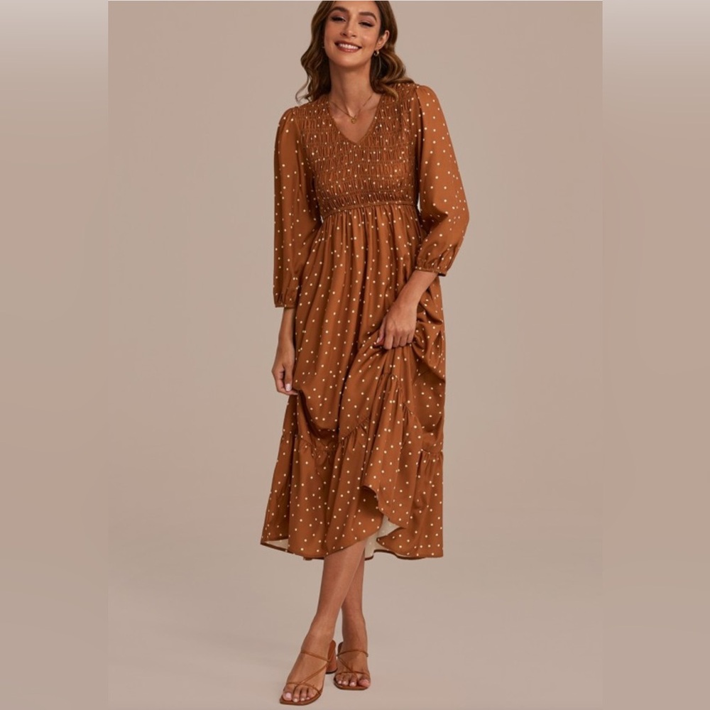 ⚡️ NWT BY THE RIVER Mocha and gold polka dot smocked dress